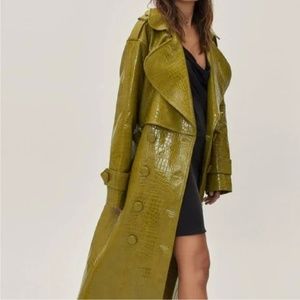 Faux Leather Croc Embossed Belted Trench Coat